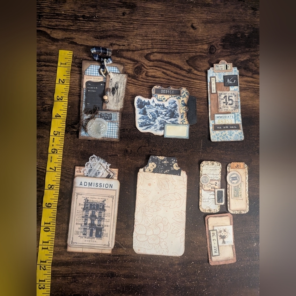 2/$15 Set Of 6 Handmade Junk Journal Vintage/Rustic Tags-Double Sided-Cream/Blue - Picture 3 of 5